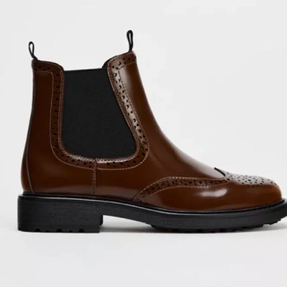 Zara Flat Wingtip Ankle Boots in Brown/Burgundy Size-10 NWT - Picture 2 of 15